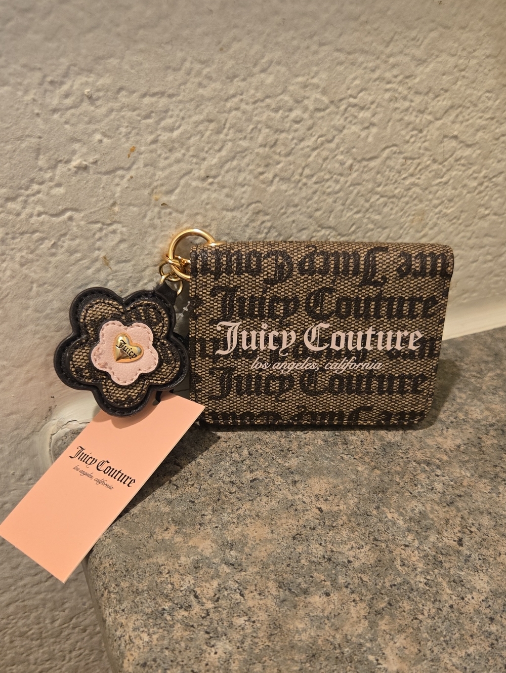 Juicy Couture Brown Logo Card Holder with Black and Pink Floral Charm Nwt